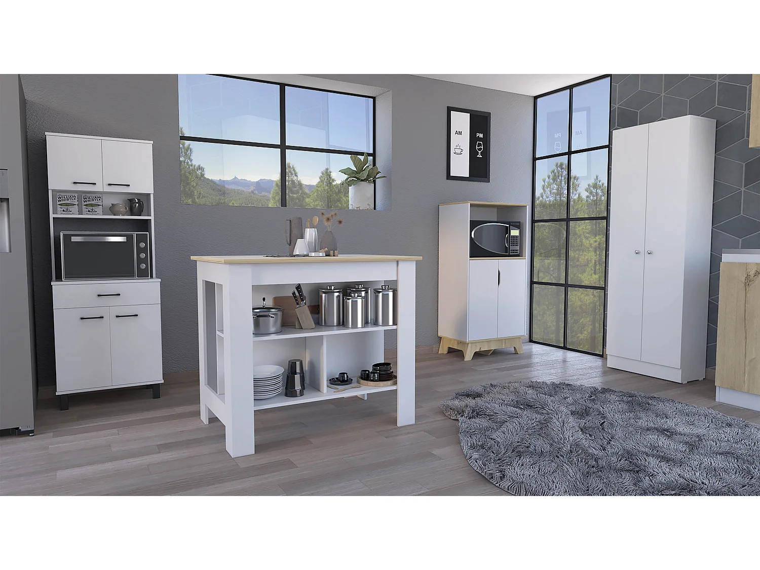 Conjunto Linea Z Cocina, Mueble Auxiliar Para Microondas Z-65 + Alacena Buffet Cocina Z-60 + Armario Aparador Alto De Cocina Z-60 2 Puertas + Isla De Cocina Cala