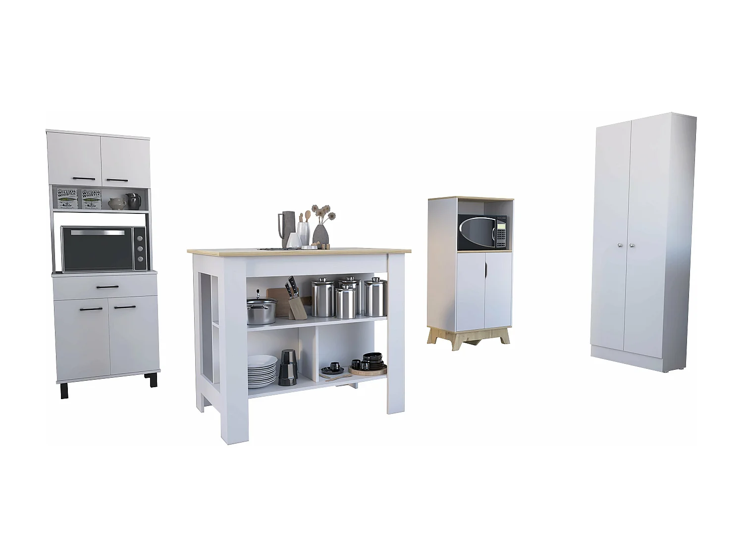 Conjunto Linea Z Cocina, Mueble Auxiliar Para Microondas Z-65 + Alacena Buffet Cocina Z-60 + Armario Aparador Alto De Cocina Z-60 2 Puertas + Isla De Cocina Cala