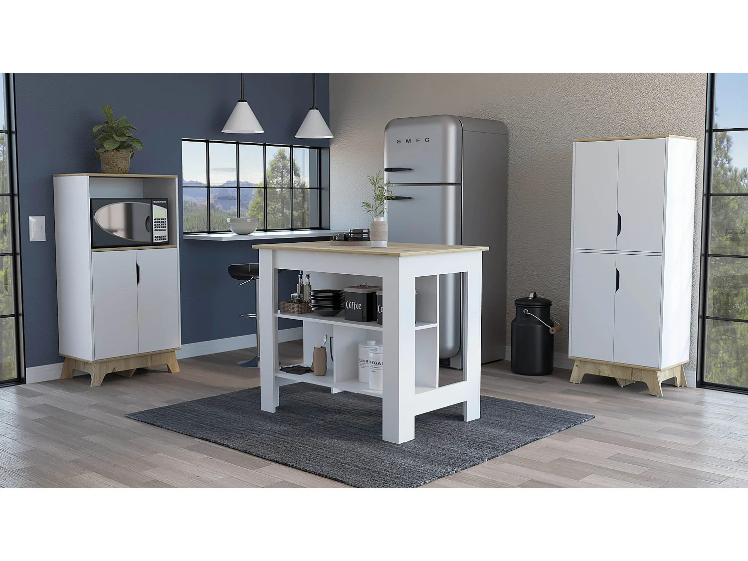 Conjunto Linea Z Cocina, Mueble Auxiliar Para Microondas Z-65 + Auxiliar Cocina Alto Z-60  2 Puertas + Isla De Cocina Cala