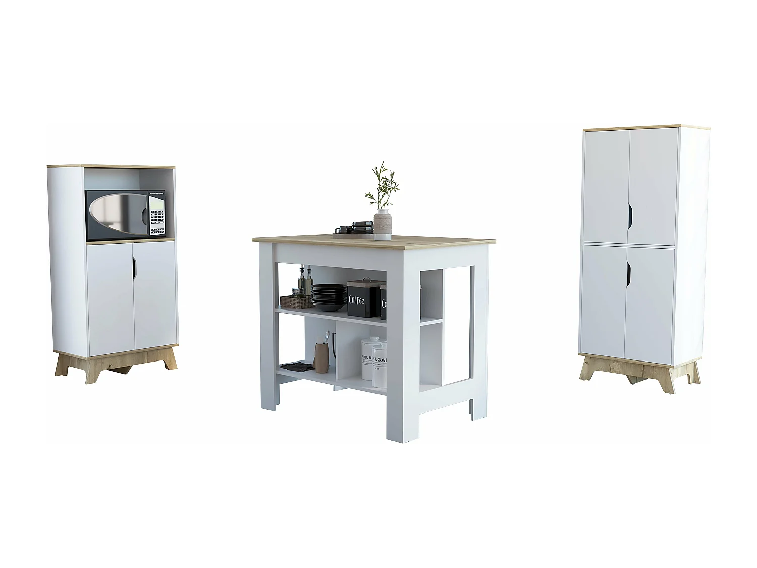 Conjunto Linea Z Cocina, Mueble Auxiliar Para Microondas Z-65 + Auxiliar Cocina Alto Z-60  2 Puertas + Isla De Cocina Cala