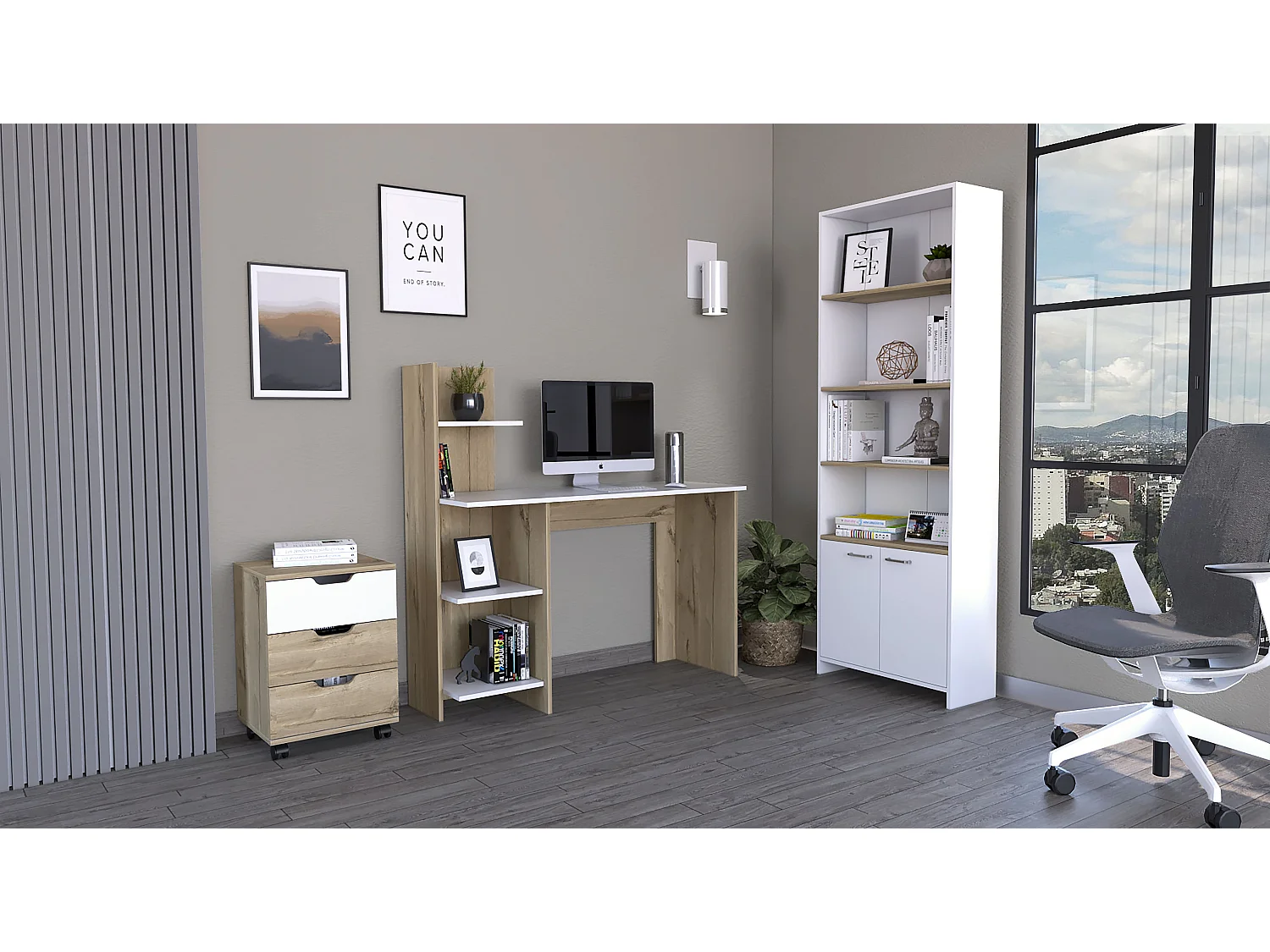 Ensemble de bureaux, Vilna 120 Desktop avec étagère ouverte + tiroir de fichier Vilna + étagères Z63 avec 2 portes. Dune / Blanc