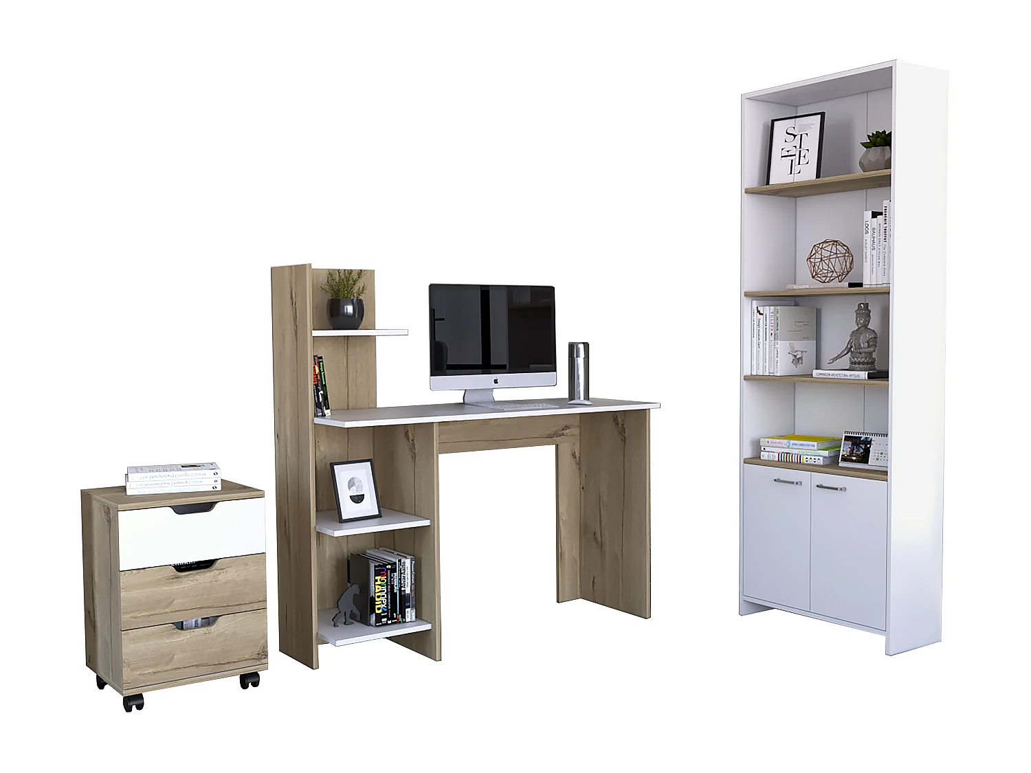 Ensemble de bureaux, Vilna 120 Desktop avec étagère ouverte + tiroir de fichier Vilna + étagères Z63 avec 2 portes. Dune / Blanc