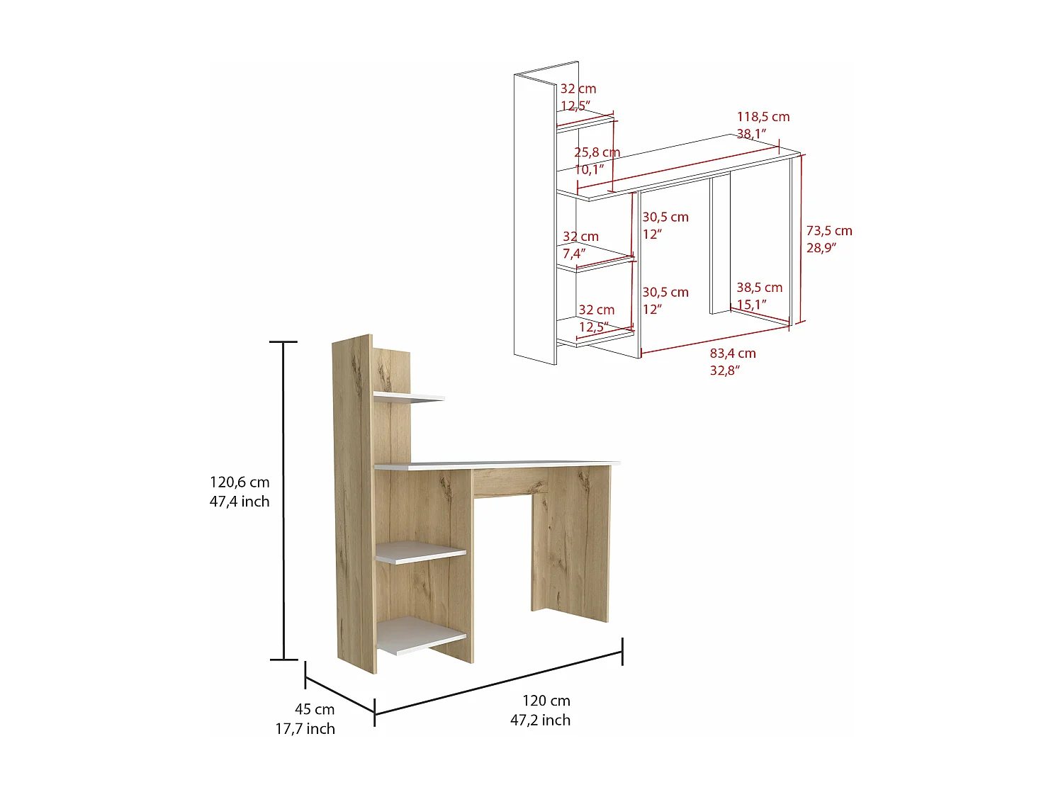 Ensemble de bureaux, Vilna 120 Desktop avec étagère ouverte + tiroir de fichier Vilna + étagères Z63 avec 2 portes. Dune / Blanc