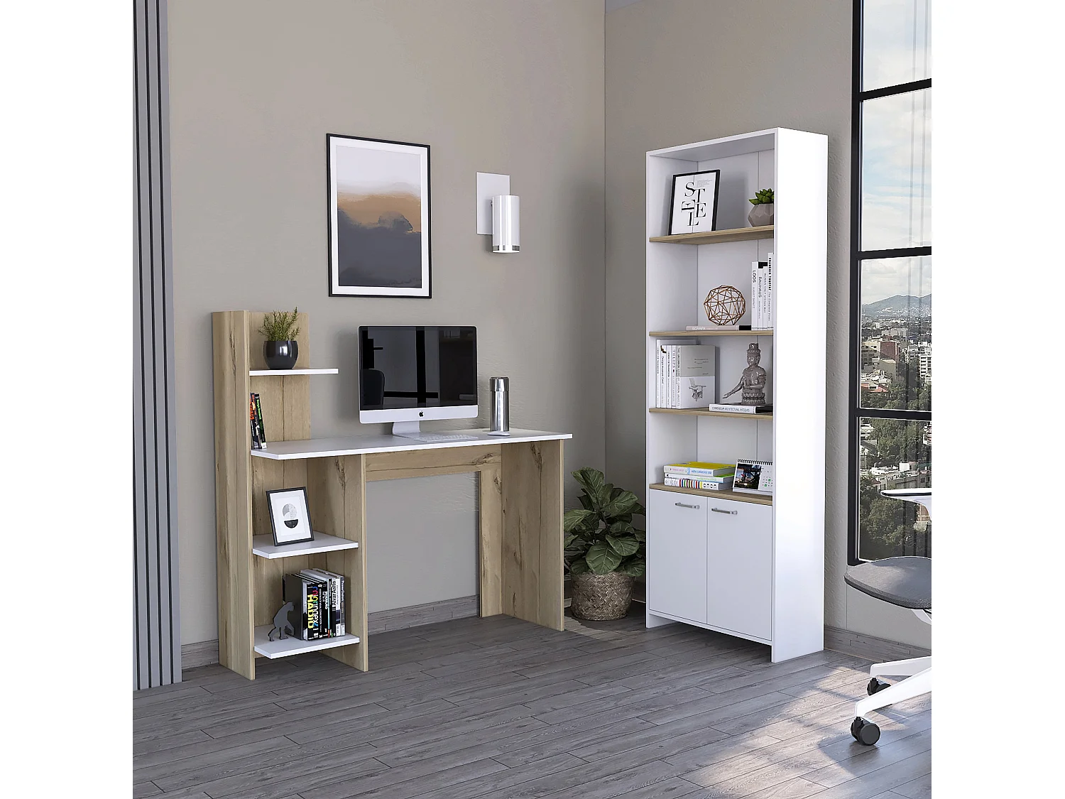 Set de bureau, Vilna 120 Desktop avec étagère ouverte + étagères Z63 avec 2 portes, 120,6 / 180,6 à cm x 120/63 A CM x 45/26 P cm, dune / blanc