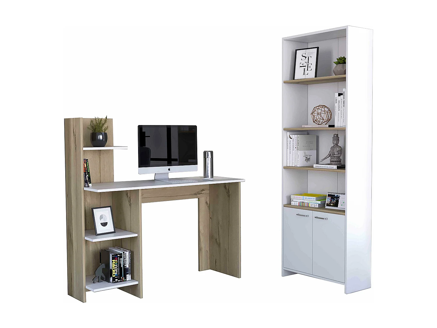 Set de bureau, Vilna 120 Desktop avec étagère ouverte + étagères Z63 avec 2 portes, 120,6 / 180,6 à cm x 120/63 A CM x 45/26 P cm, dune / blanc