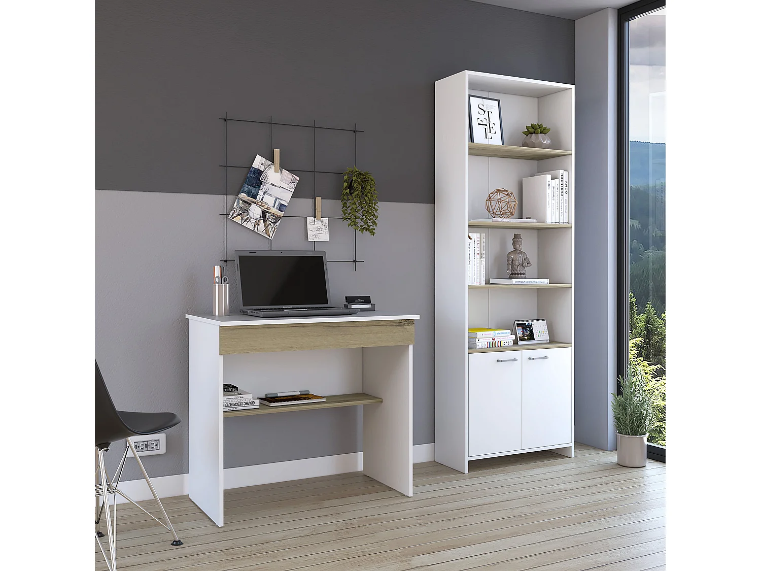 Set di uffici, ohio z 80 desktop con 1 cassetto + biblioteca z63 ripiani con 2 porte, 73/180,6 a cm x 80/63 an cm x 49,8/26 p cm, dune/bianco