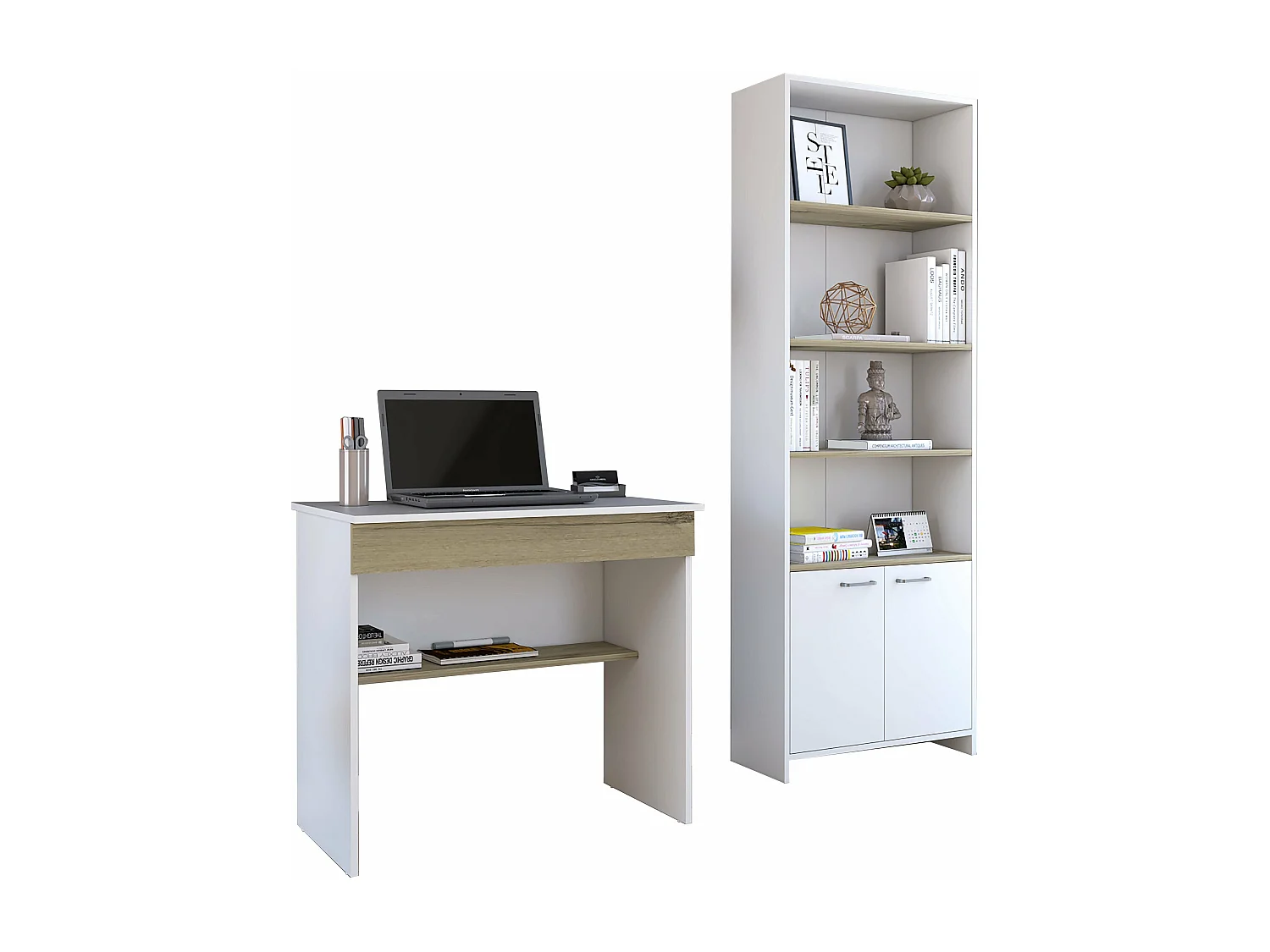 Set di uffici, ohio z 80 desktop con 1 cassetto + biblioteca z63 ripiani con 2 porte, 73/180,6 a cm x 80/63 an cm x 49,8/26 p cm, dune/bianco