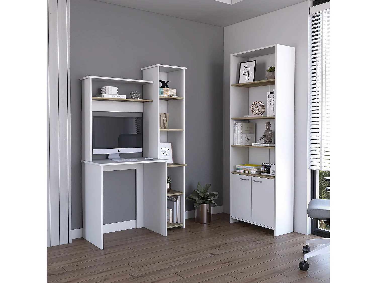 Set de bureau, Heinrich Computer Center + Z63 Bibliothèque des étagères avec 2 portes, 163.1 / 180,6 à CM x 98,5/63 A CM x 45,3 / 26 P cm, dune / blanc