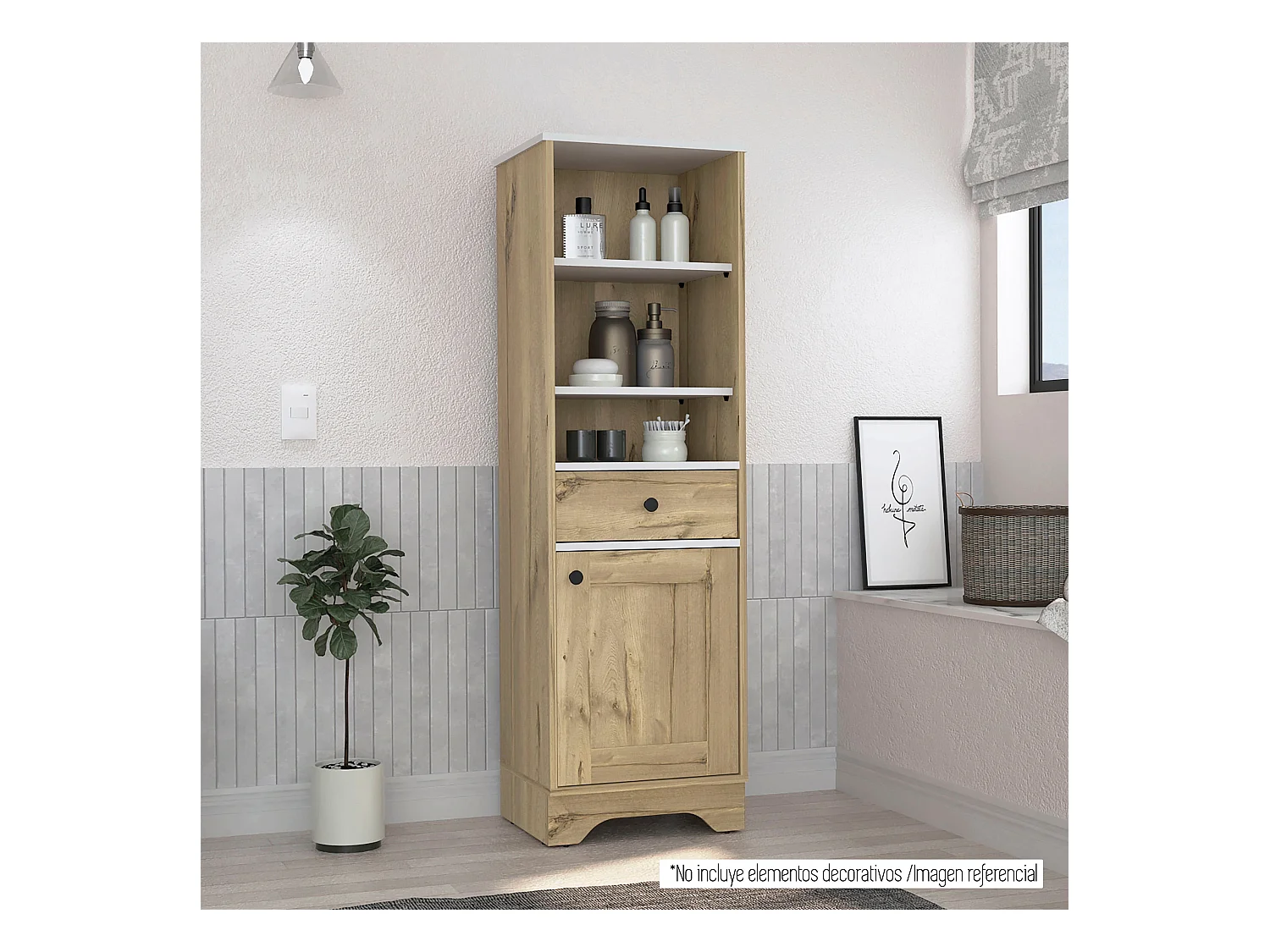 Colonne de bain Malaga avec porte et tiroir. 142 cm à x 44 cm et x 36 cm P. Chêne clair / blanc