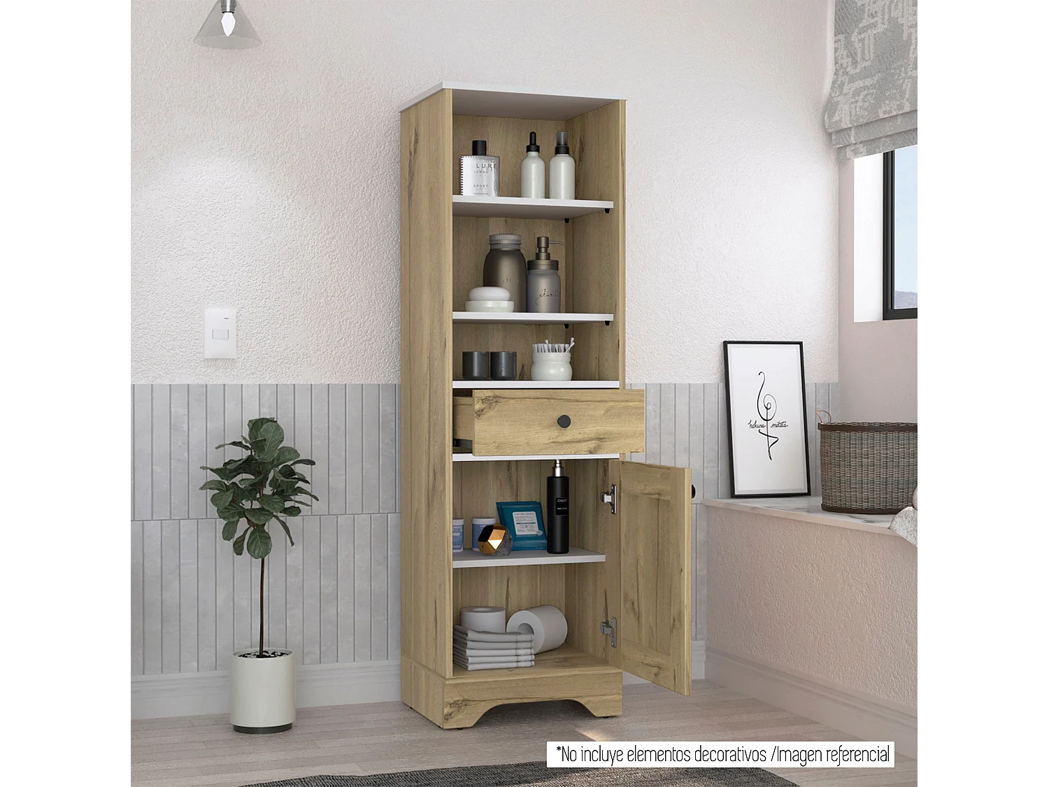 Colonne de bain Malaga avec porte et tiroir. 142 cm à x 44 cm et x 36 cm P. Chêne clair / blanc