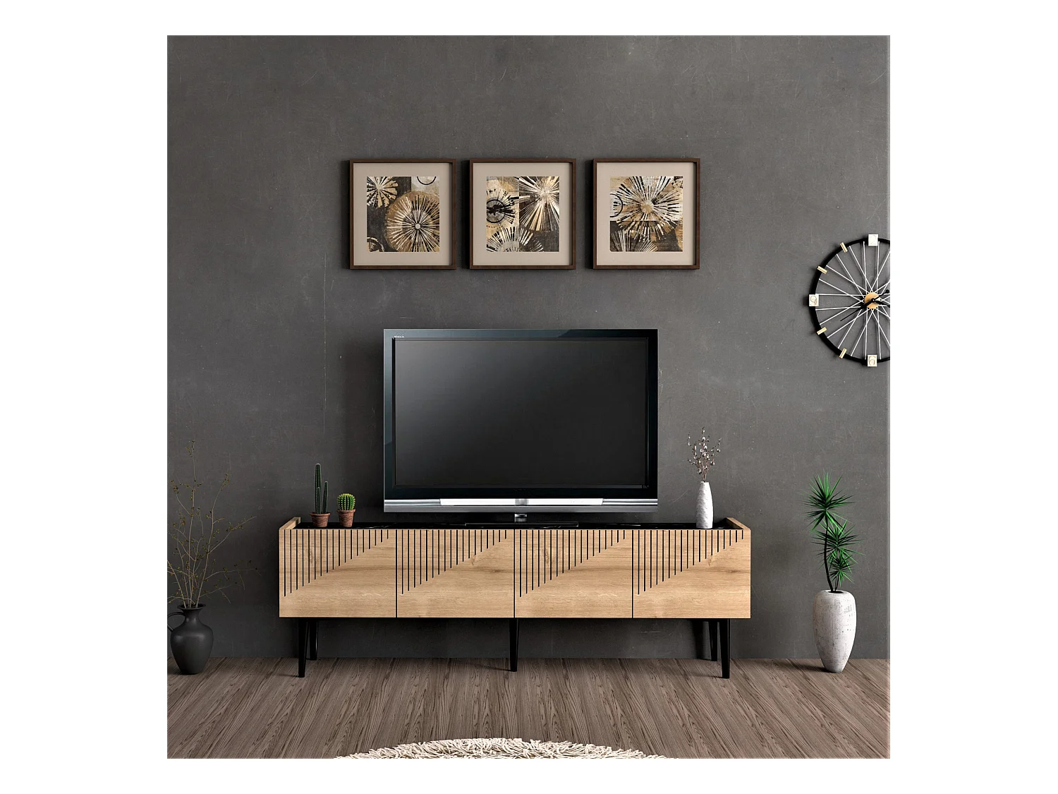Meuble TV Oppdal à 2 portes avec espace de rangement 45 x 154 x 37 cm effet chêne / marbre noir [en.casa]