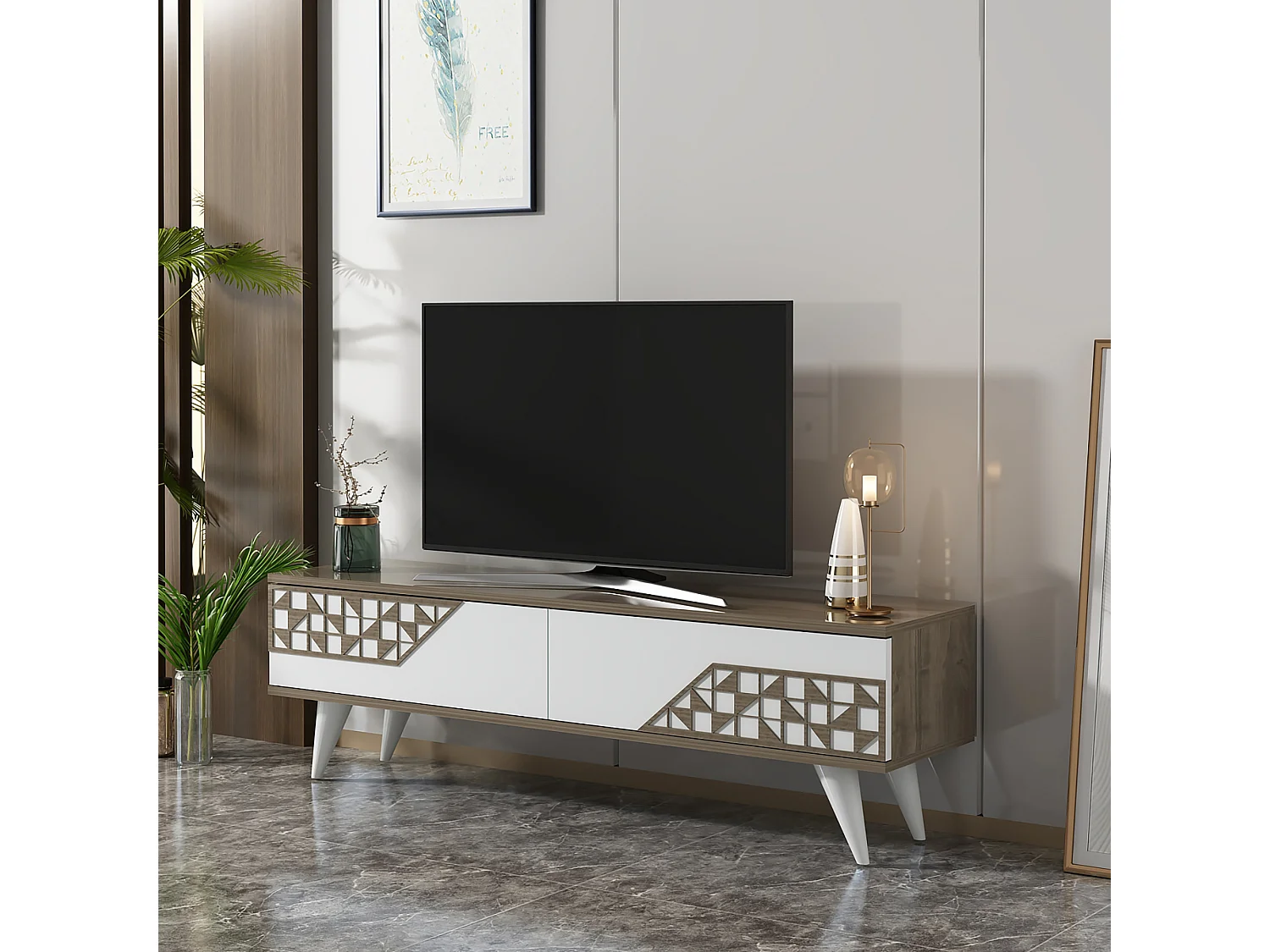 Meuble TV Örkelljunga à 2 portes 40 x 120 x 30 cm effet noyer / blanc [en.casa]