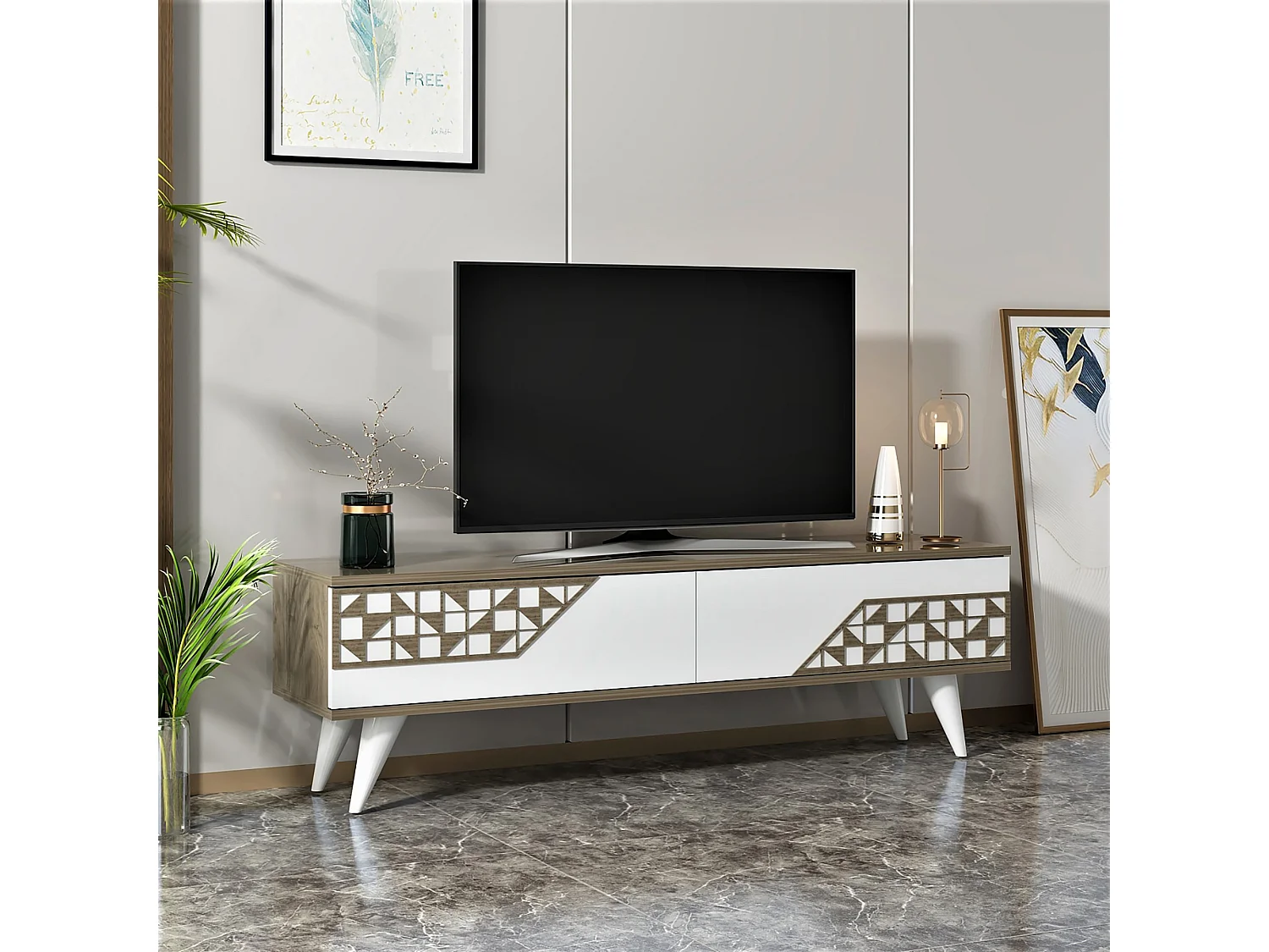 Meuble TV Örkelljunga à 2 portes 40 x 120 x 30 cm effet noyer / blanc [en.casa]