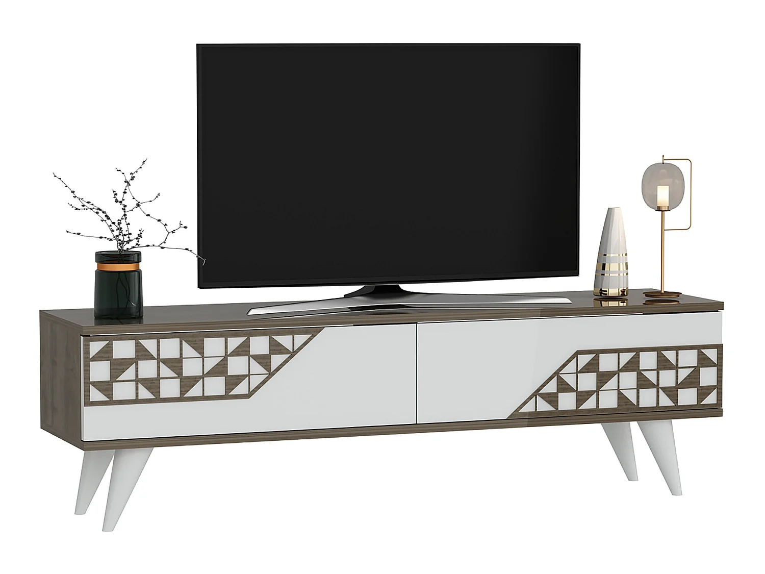 Meuble TV Örkelljunga à 2 portes 40 x 120 x 30 cm effet noyer / blanc [en.casa]