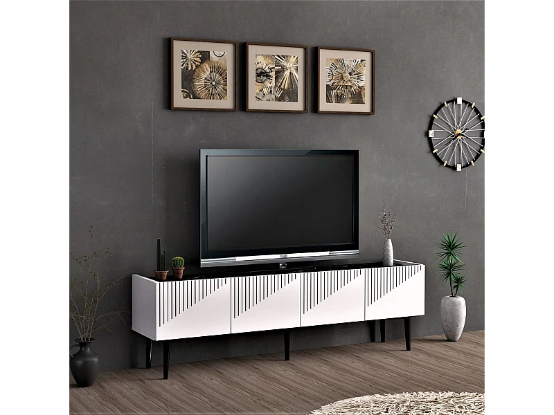 Meuble TV Oppdal à 2 portes avec espace de rangement 45 x 154 x 37 cm blanc / marbre noir [en.casa]