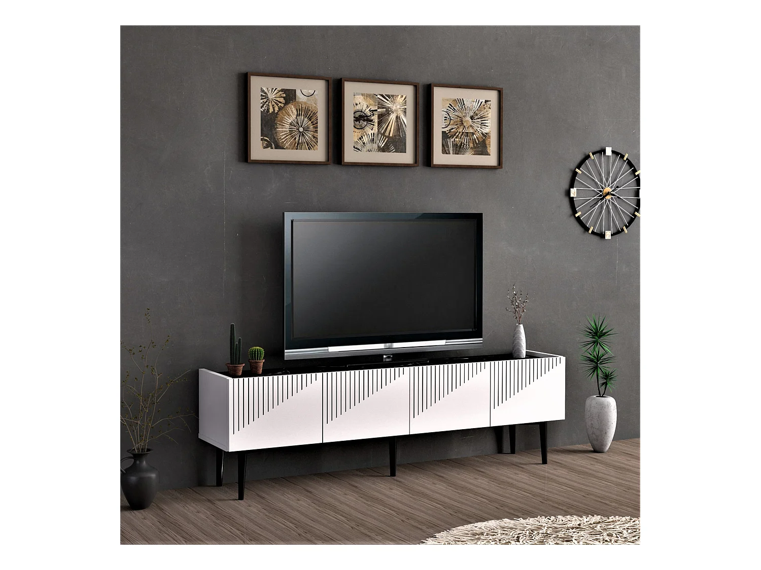 Meuble TV Oppdal à 2 portes avec espace de rangement 45 x 154 x 37 cm blanc / marbre noir [en.casa]