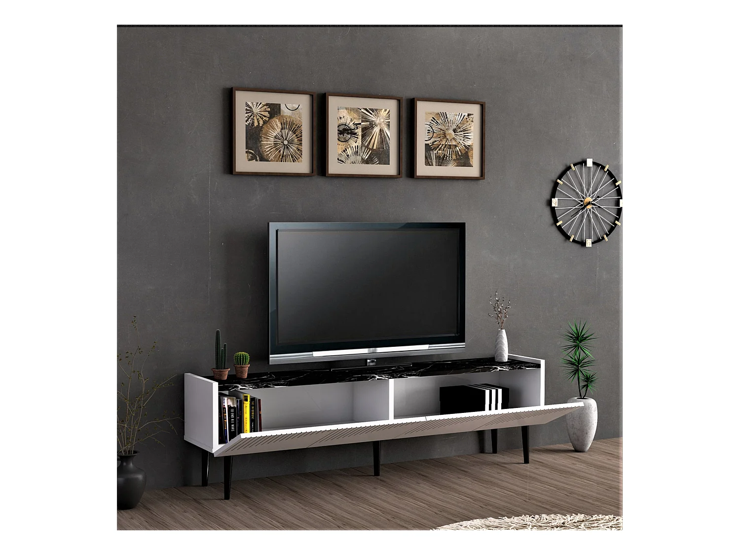 Meuble TV Oppdal à 2 portes avec espace de rangement 45 x 154 x 37 cm blanc / marbre noir [en.casa]
