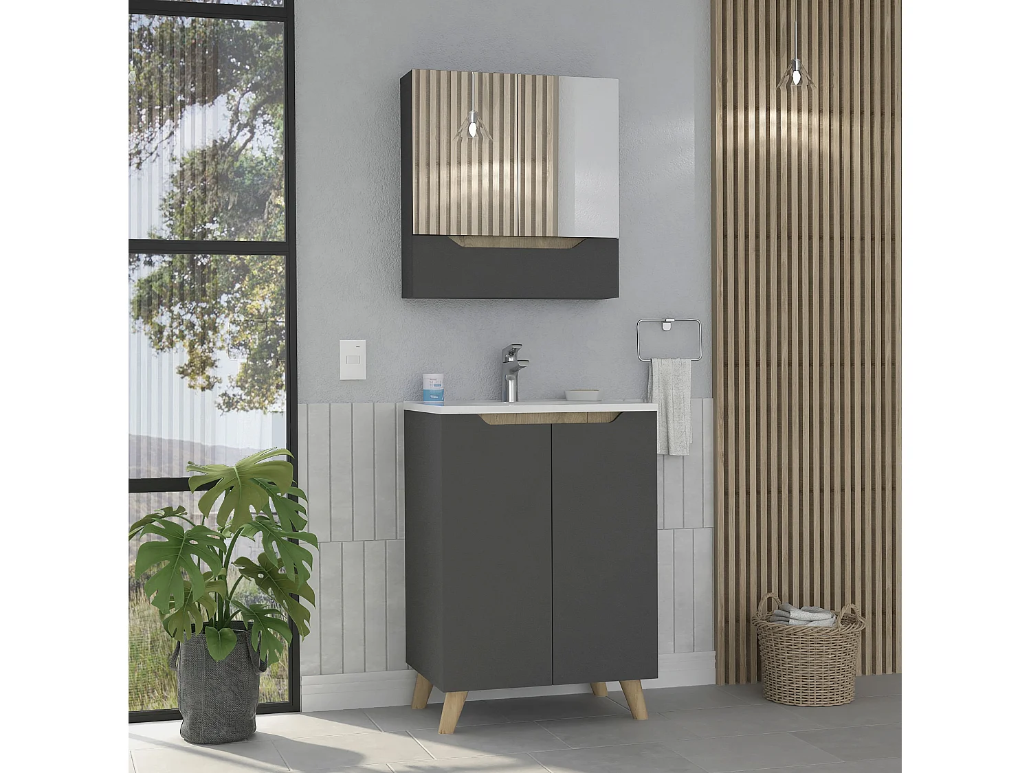 Set Laurent, mobile a muro con specchio + mobili da bagno in piedi con lavandino, 62/86 a cm x 60/60 an cm x 15/45.5 p cm, piombo/dune