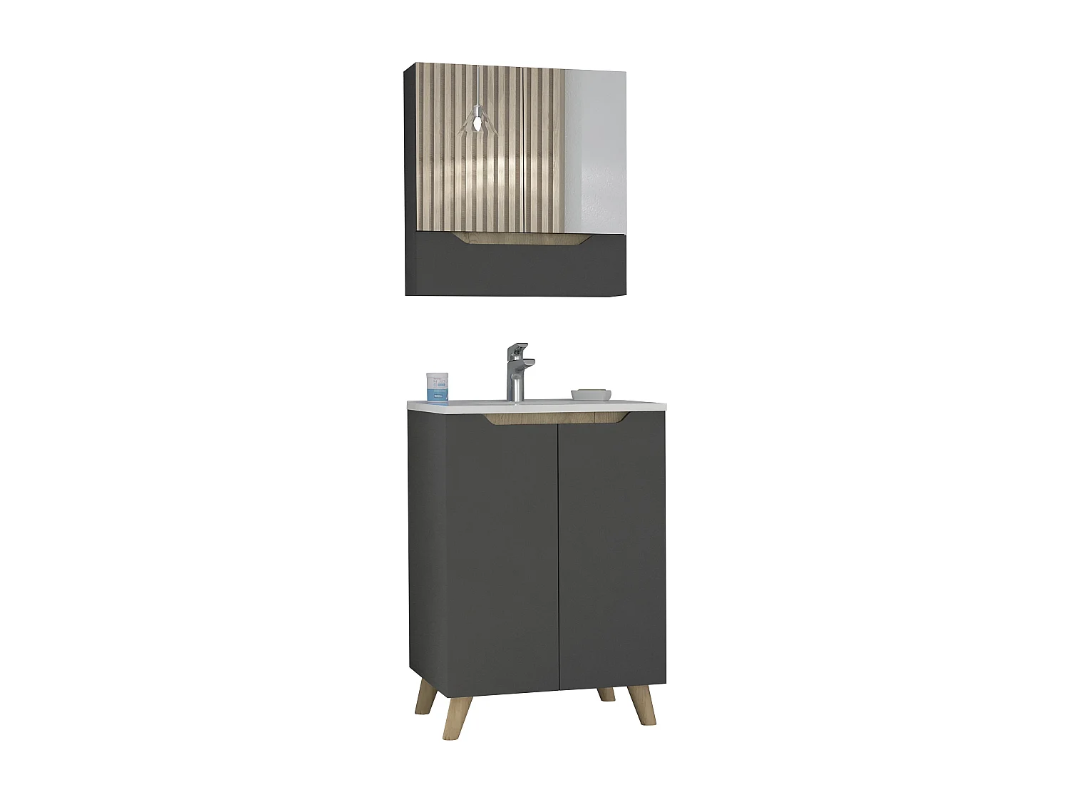Set Laurent, mobile a muro con specchio + mobili da bagno in piedi con lavandino, 62/86 a cm x 60/60 an cm x 15/45.5 p cm, piombo/dune