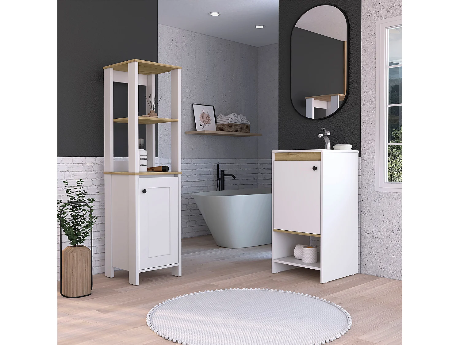Ensemble Malaga, Colonne de bain de meubles 1 porte + meubles de salle de bain debout avec évier, 150,7 / 85.1 à CM x 40/45 un cm x 45/45 P cm, dune / blanc