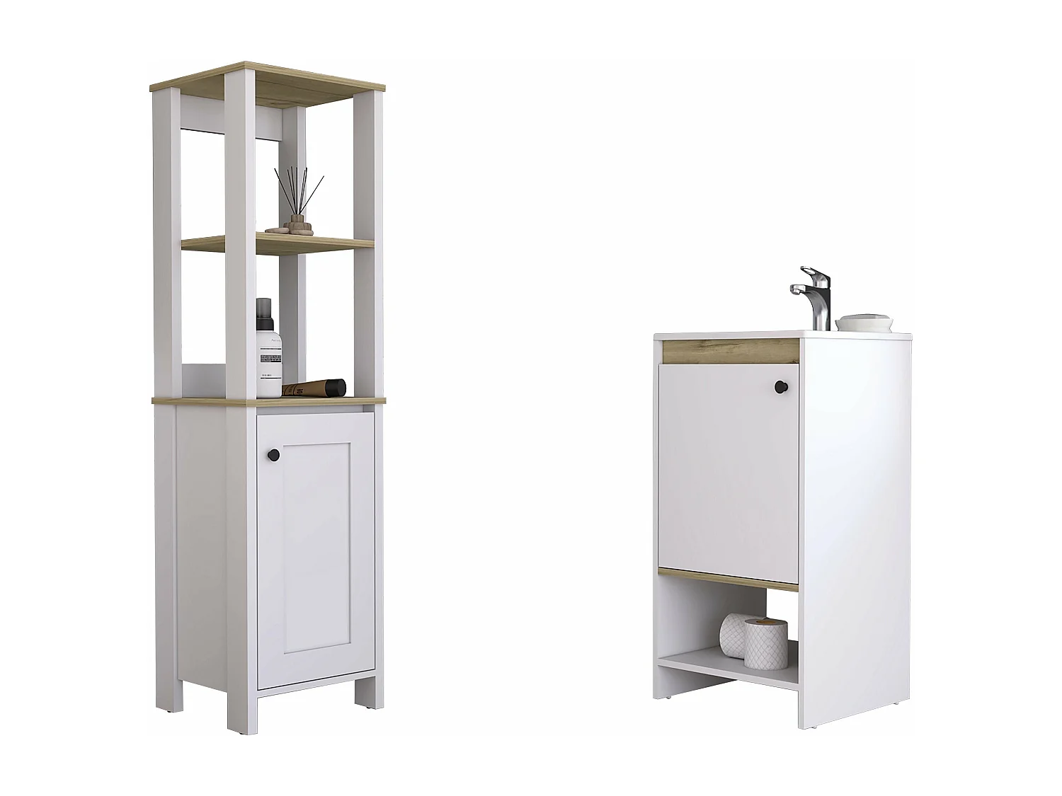 Ensemble Malaga, Colonne de bain de meubles 1 porte + meubles de salle de bain debout avec évier, 150,7 / 85.1 à CM x 40/45 un cm x 45/45 P cm, dune / blanc