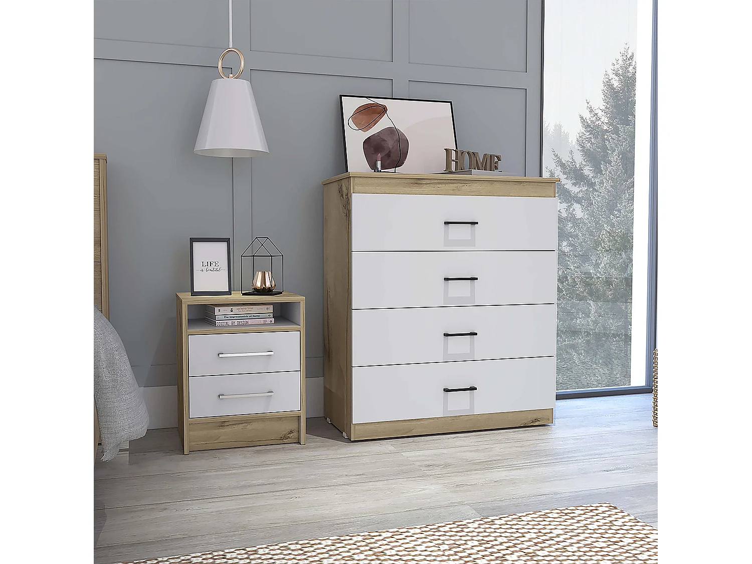 Conjunto Eter, Mesita De Noche + Comoda 4 Cajones