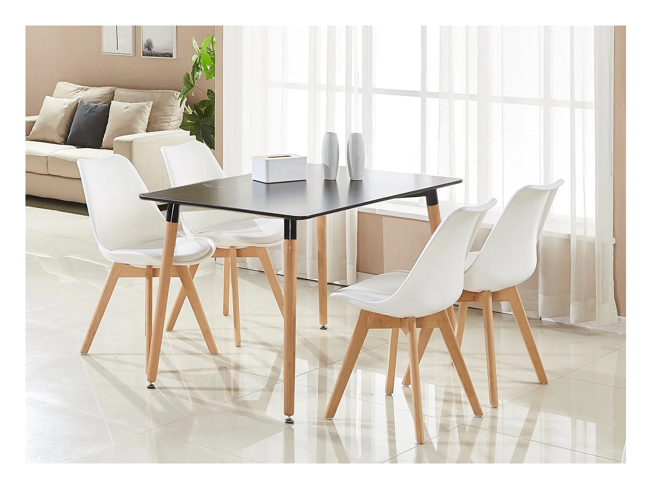 LORENZO HALO - Ensemble Salle à Manger Moderne - Table Noire + 4 Chaises Blanches - Design Scandinave