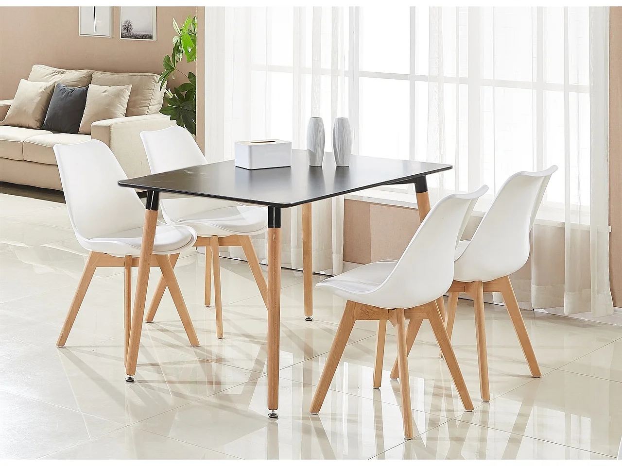 LORENZO HALO - Ensemble Salle à Manger Moderne - Table Noire + 4 Chaises Blanches - Design Scandinave