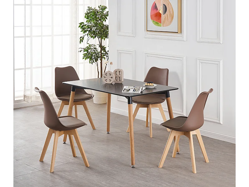 LORENZO HALO - Ensemble Salle à Manger Moderne - Table Noire + 4 Chaises Marron - Design Scandinave