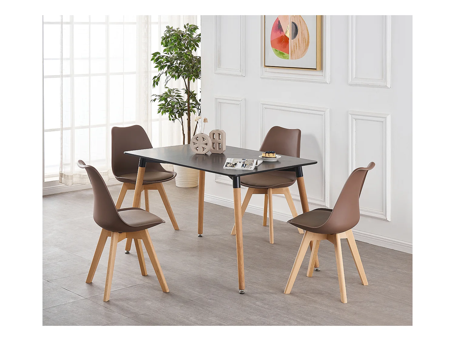 LORENZO HALO - Ensemble Salle à Manger Moderne - Table Noire + 4 Chaises Marron - Design Scandinave