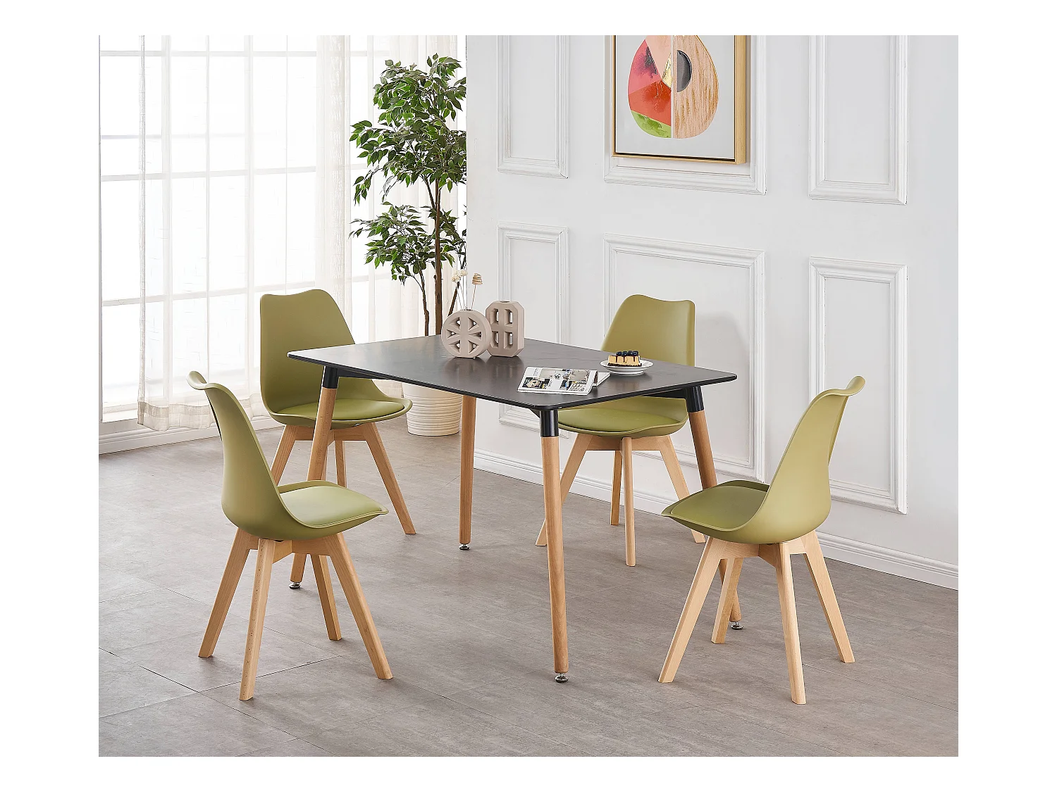 LORENZO HALO - Ensemble Salle à Manger Moderne - Table Noire + 4 Chaises Vertes - Design Scandinave