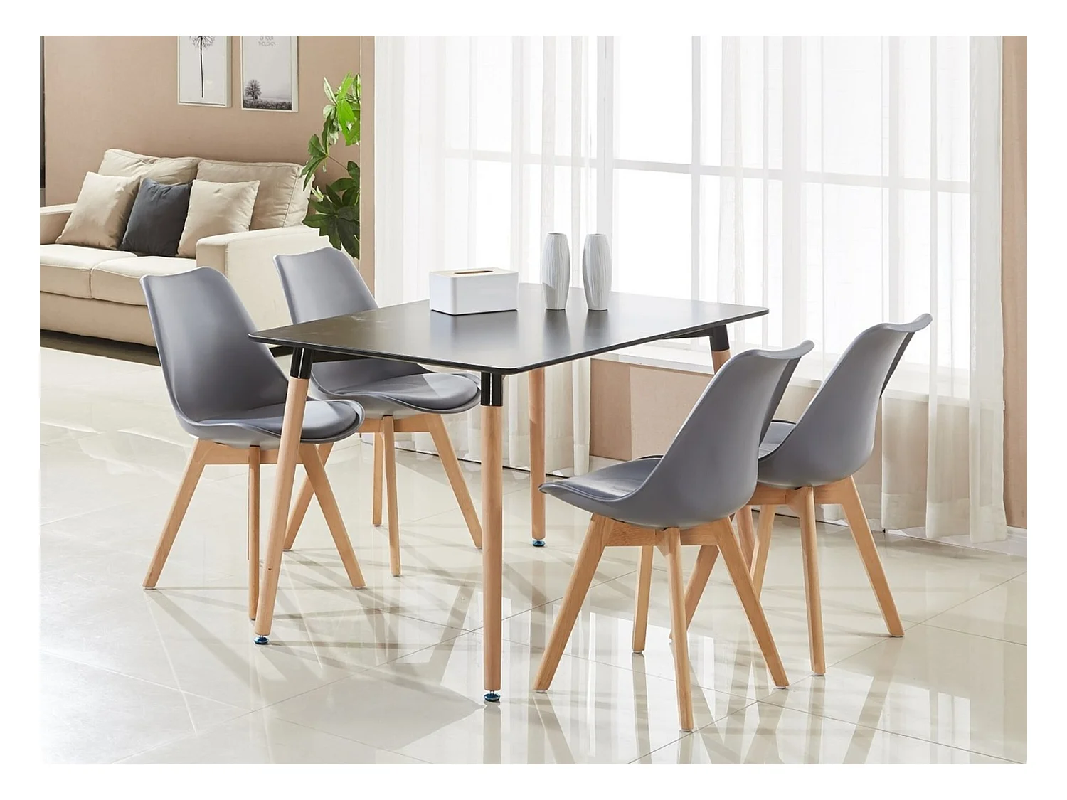 LORENZO HALO - Ensemble Salle à Manger Moderne - Table Noire + 4 Chaises Grises - Design Scandinave
