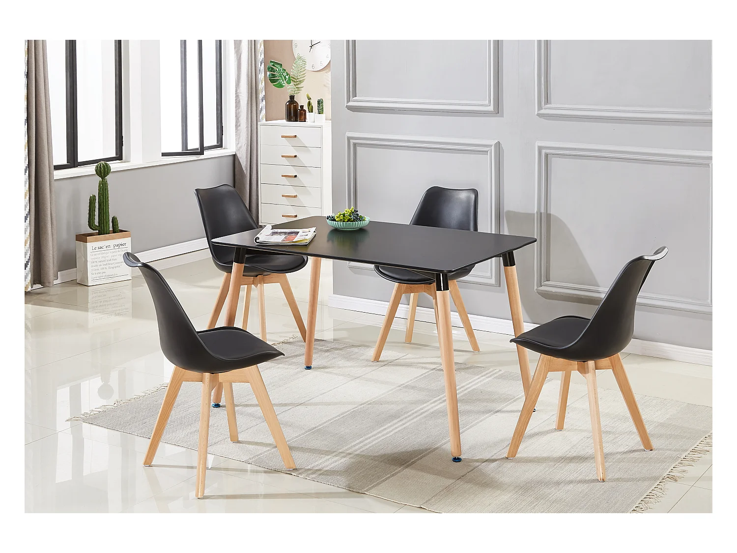 LORENZO HALO - Ensemble Salle à Manger Moderne - Table Noire + 4 Chaises Noires - Design Scandinave