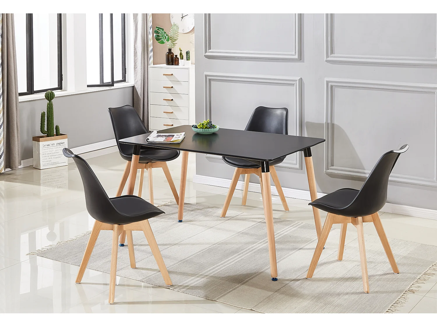 LORENZO HALO - Ensemble Salle à Manger Moderne - Table Noire + 4 Chaises Noires - Design Scandinave