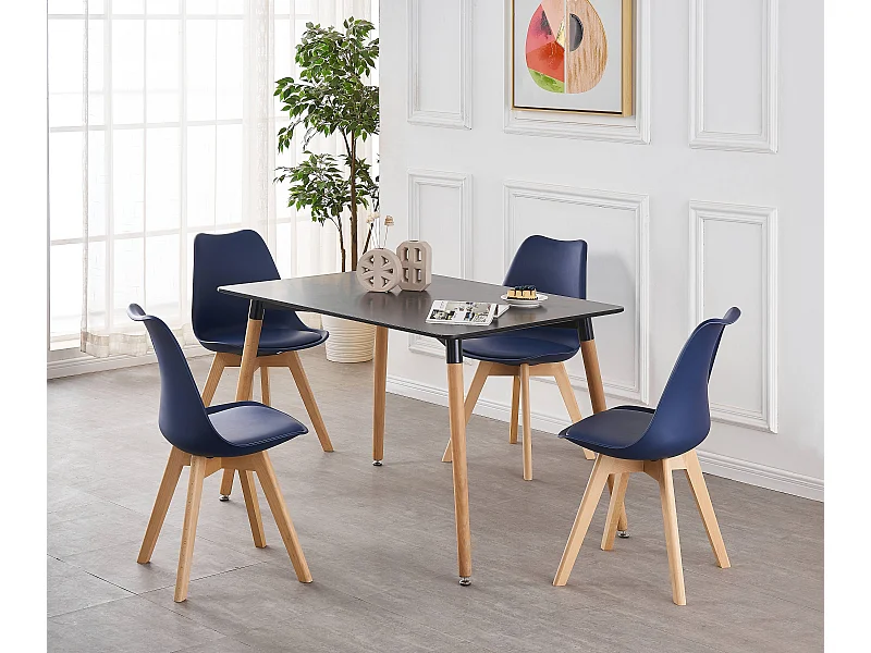 LORENZO HALO - Ensemble Salle à Manger Moderne - Table Noire + 4 Chaises Bleues - Design Scandinave