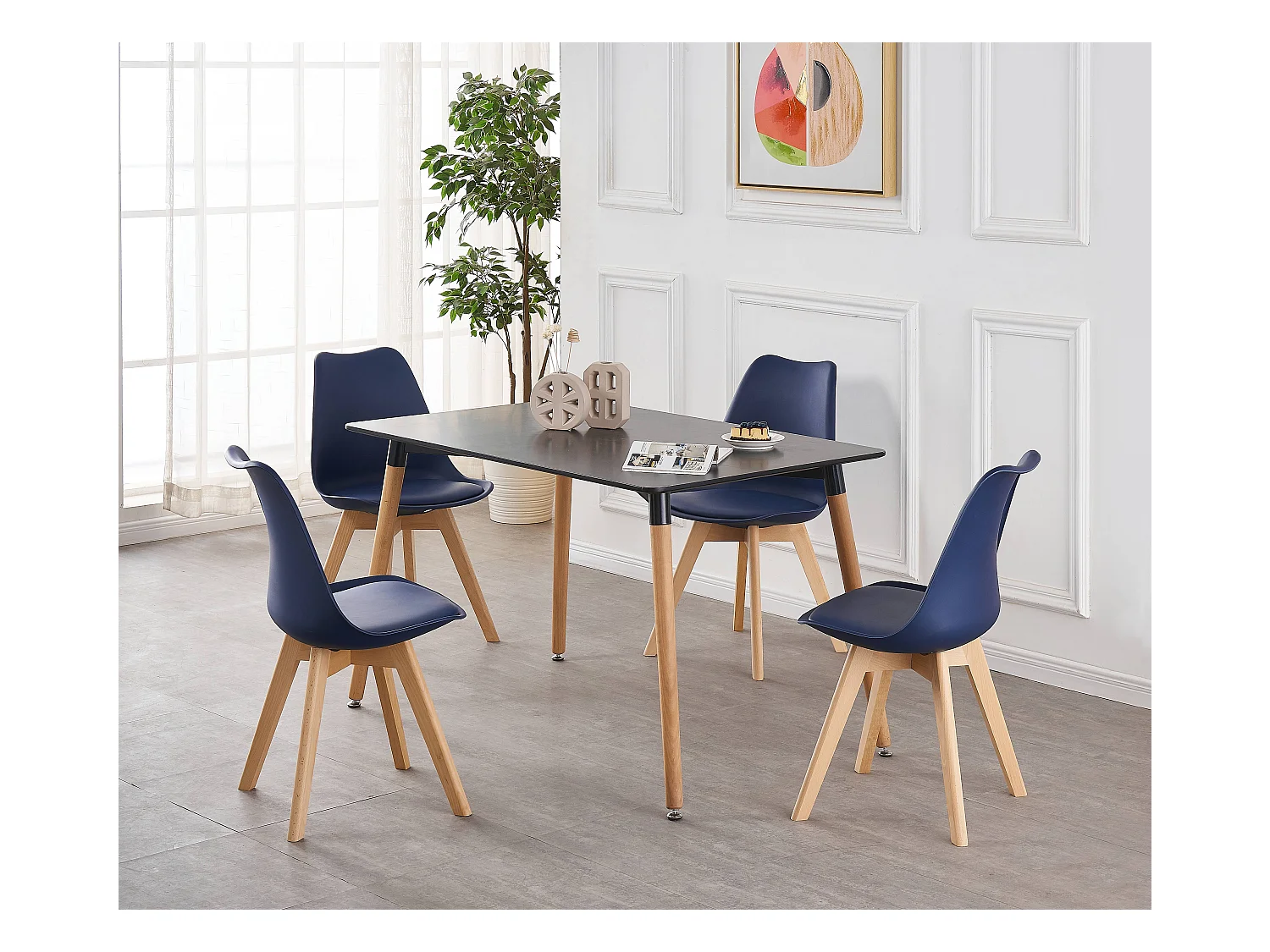 LORENZO HALO - Ensemble Salle à Manger Moderne - Table Noire + 4 Chaises Bleues - Design Scandinave