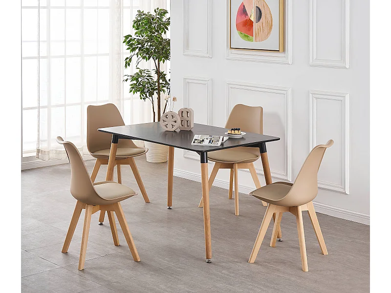 LORENZO HALO - Ensemble Salle à Manger Moderne - Table Noire + 4 Chaises Beiges - Design Scandinave
