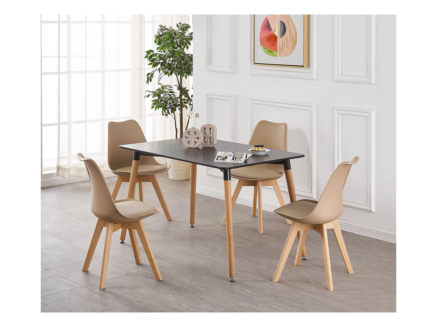 LORENZO HALO - Ensemble Salle à Manger Moderne - Table Noire + 4 Chaises Beiges - Design Scandinave