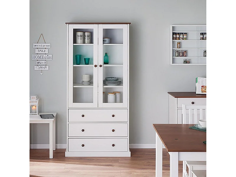 SOCOA - Vitrine 2 Portes 3 Tiroirs en MDF Laqué Blanc