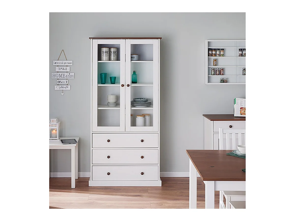 SOCOA - Vitrine 2 Portes 3 Tiroirs en MDF Laqué Blanc