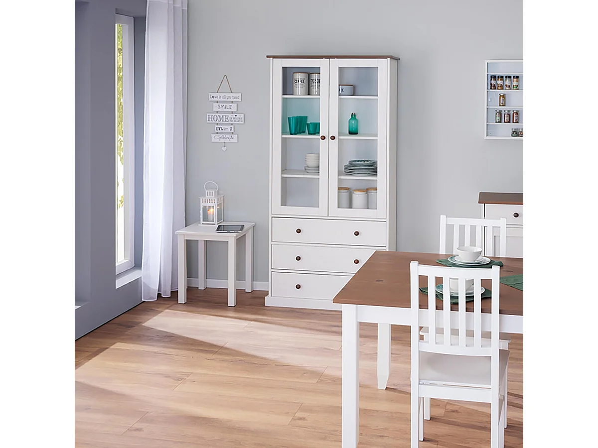 SOCOA - Vitrine 2 Portes 3 Tiroirs en MDF Laqué Blanc