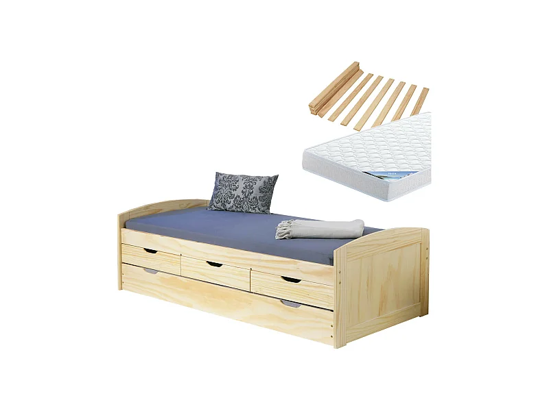 OLIVER - Pack Lit à Tiroirs 90x200 + 1 Matelas Ibiza