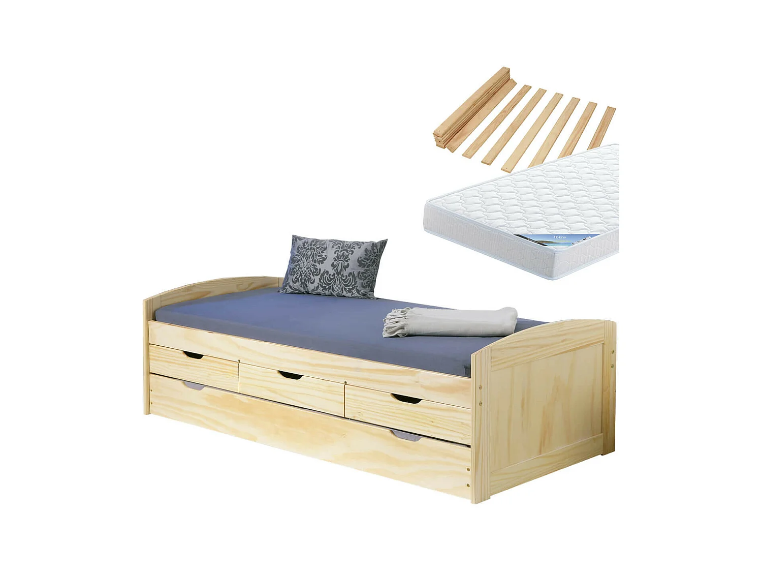 OLIVER - Pack Lit à Tiroirs 90x200 + 1 Matelas Ibiza