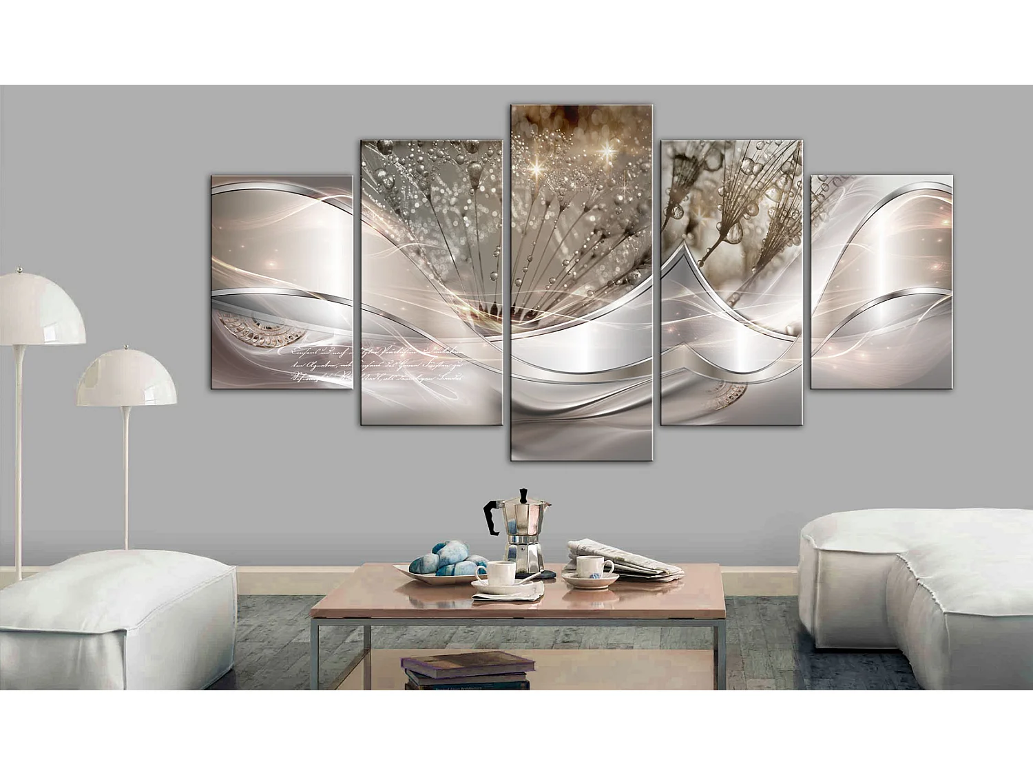 Quadro - Sparkling Dandelions (5 Parts) Beige Wide - 100x50