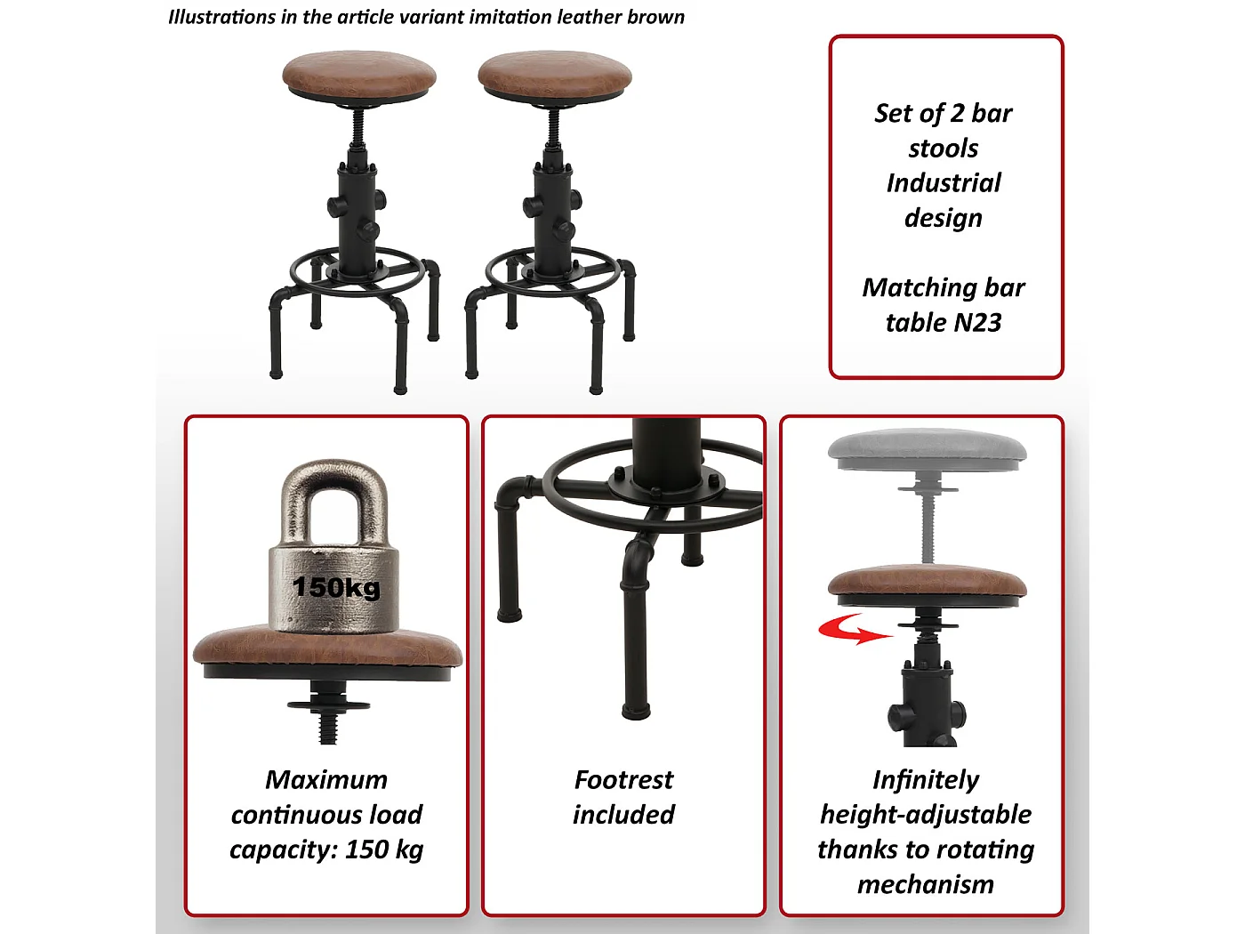 Barhocker MCW-N23 (2er-Set), Braun-schwarz