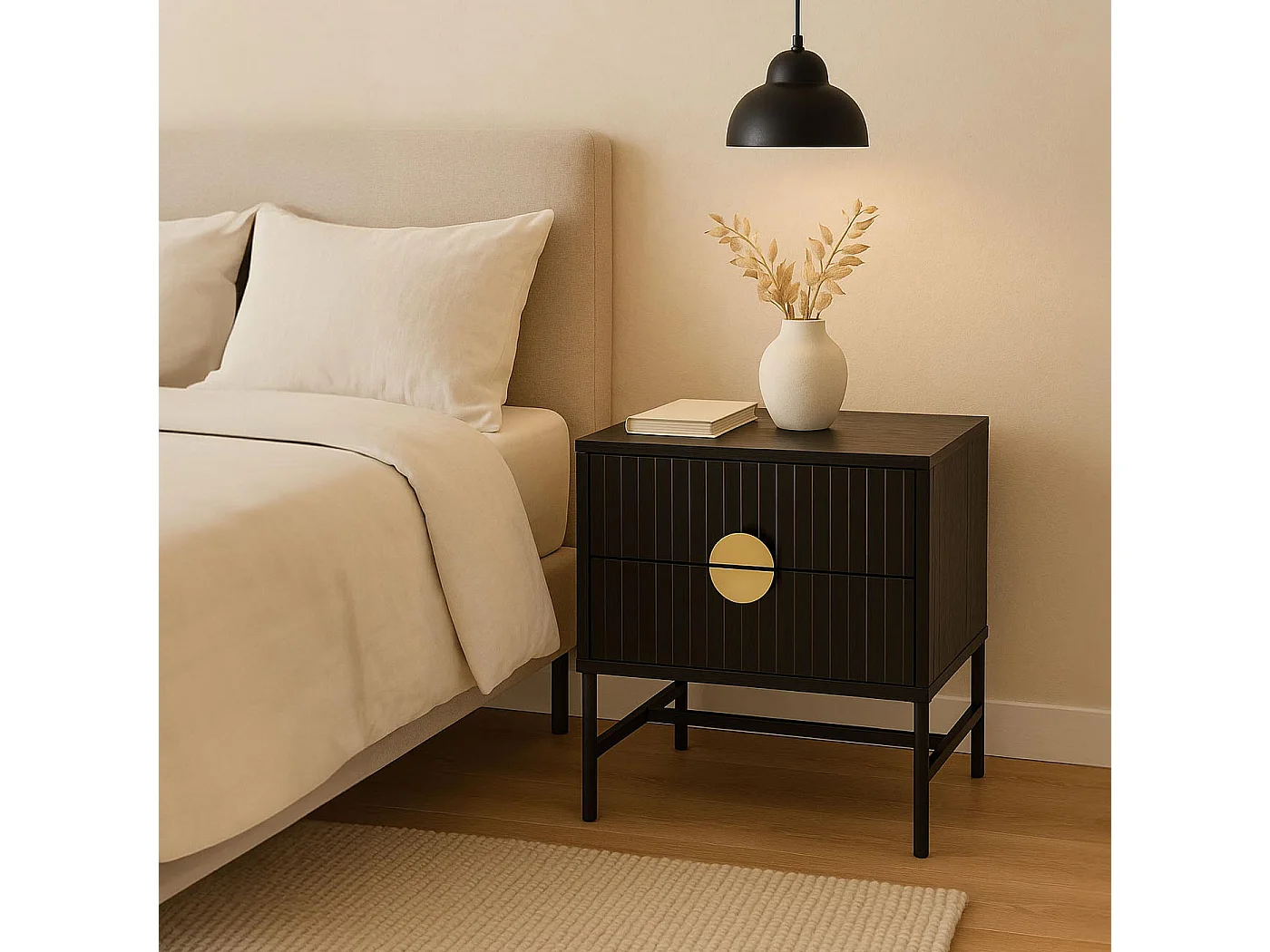 Comodino MCW-O39, tavolino d'appoggio comodino armadietto, cassetto melamina MDF metallo 50x48x39cm ~ effetto legno nero