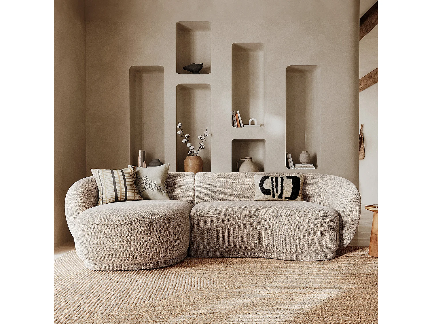 Canapé d'angle modulable 4 places en tissu beige chiné - Nova