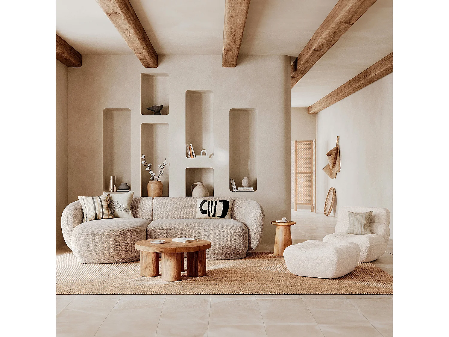 Canapé d'angle modulable 4 places en tissu beige chiné - Nova