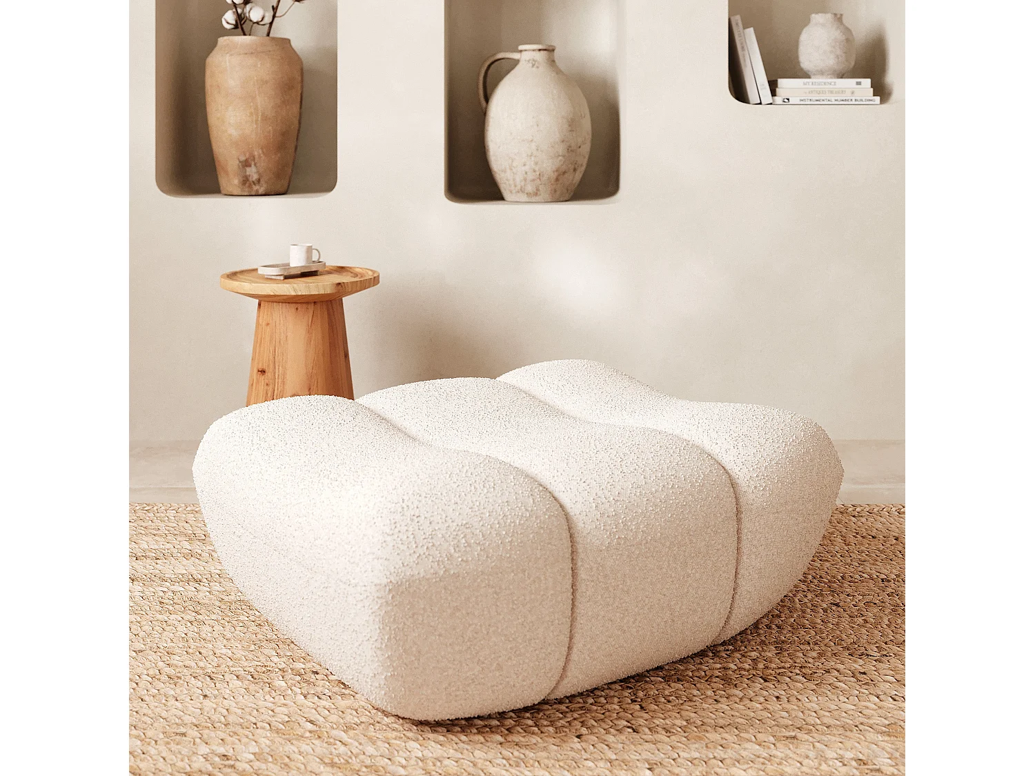 Pouf repose-pieds en tissu bouclé blanc - Teddy