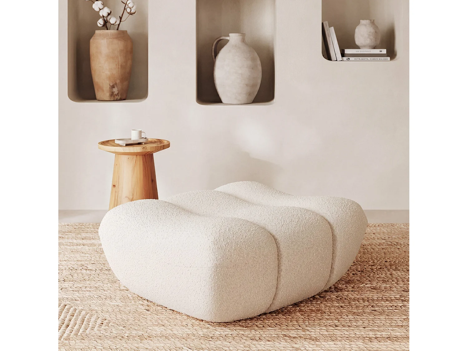Pouf poggiapiedi in tessuto bouclé bianco - Teddy
